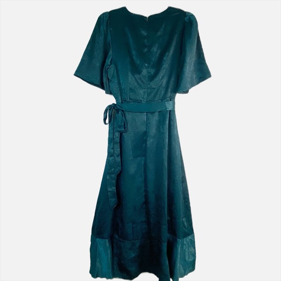 Lulus Wrapped Up In Love Emerald Green Satin Faux Wrap Dress Womens S - Picture 4 of 15